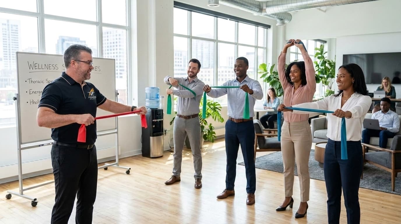Coach Gordon leading a corporate wellness and mobility workshop with resistance bands for a diverse team of professionals