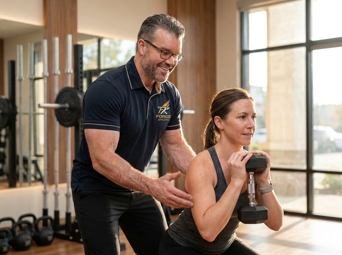 Coach Gordon coaching an everyday client through dumbbell goblet squat form in a boutique personal training studio