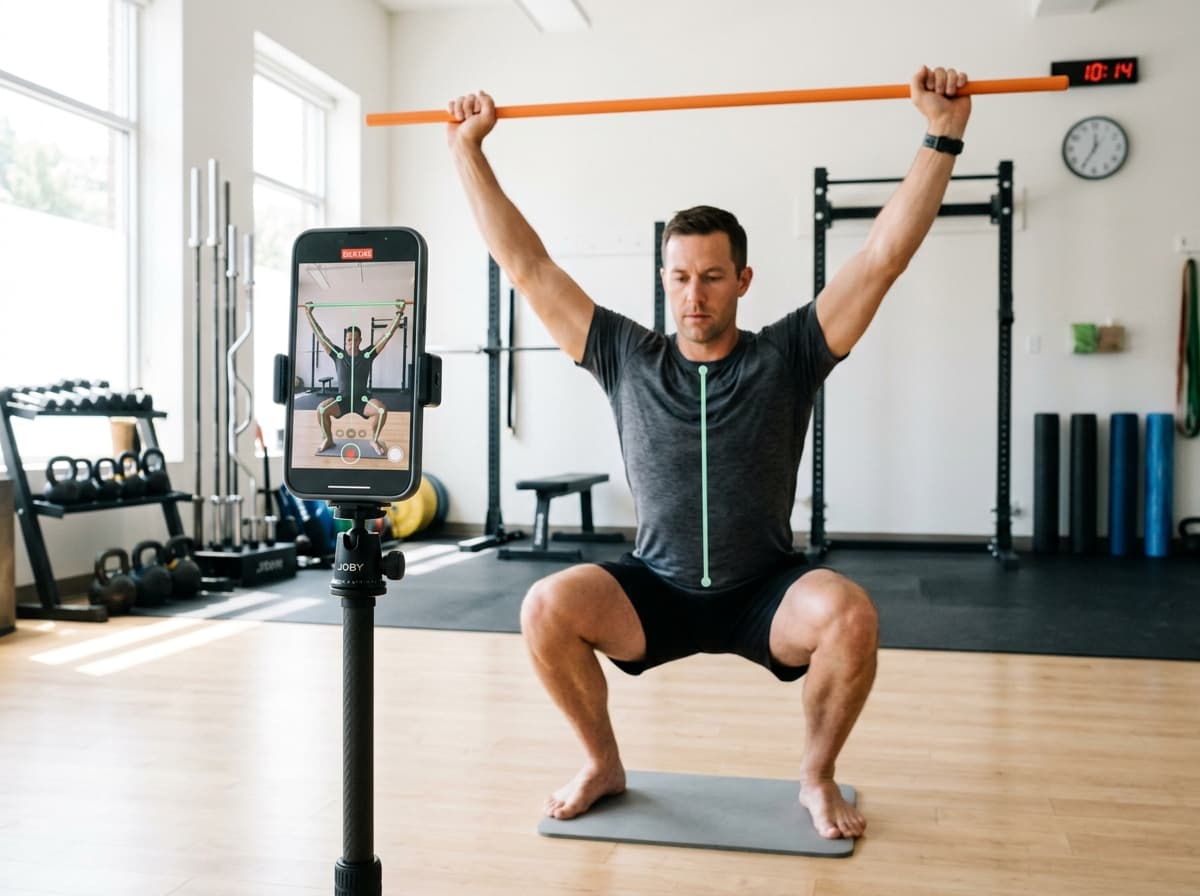 Athlete performing guided overhead squat movement check in front of smartphone camera on tripod with alignment guidelines