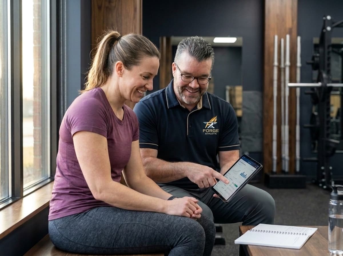 Coach Gordon reviewing training goals and plan recommendations on a tablet with a client